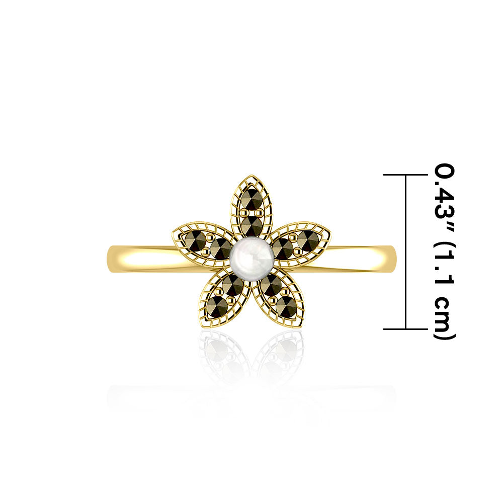 Flower with Pearl and Marcasite 14 K Solid Gold Ring GRI1867