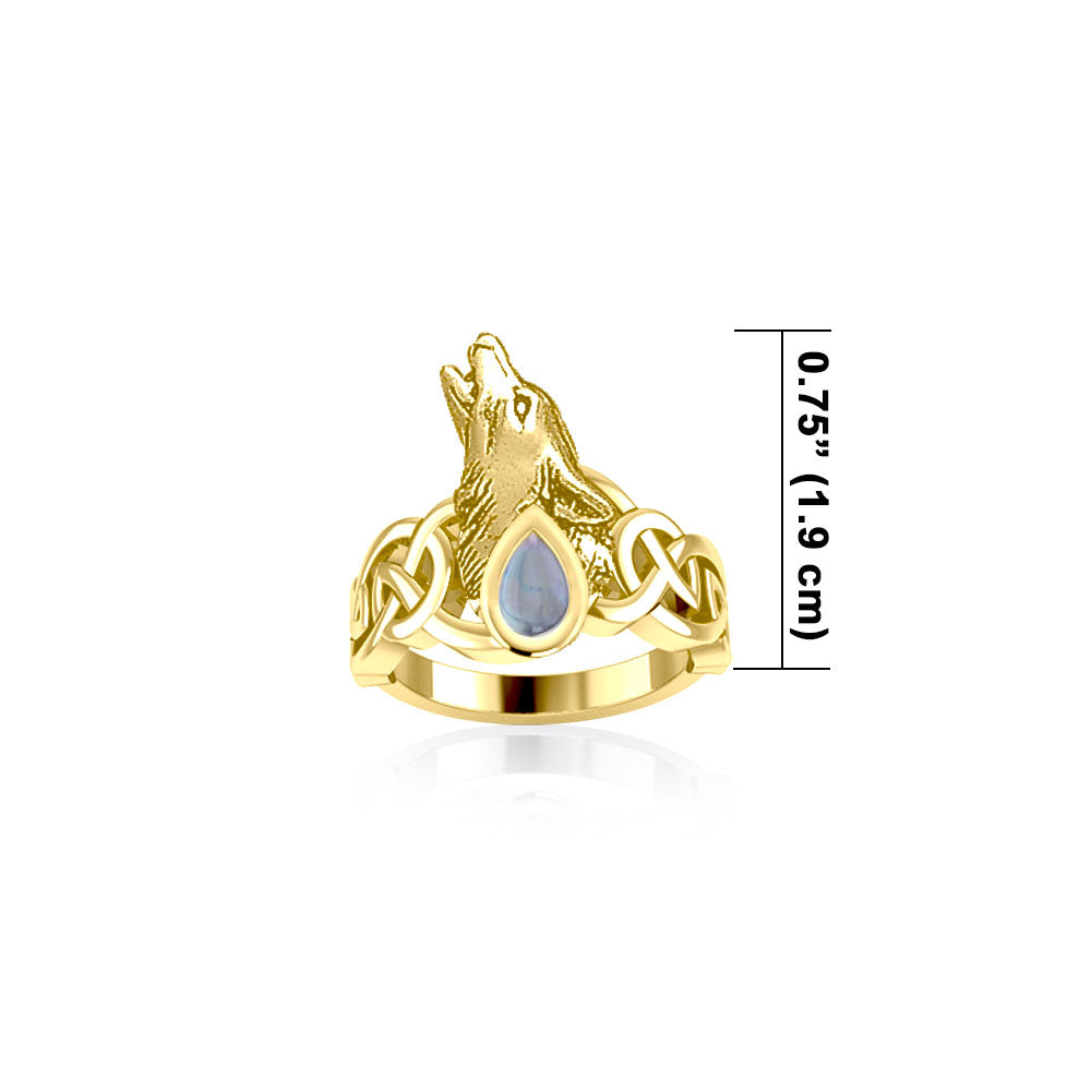 Celtic Howling Wolf 14 Karat Solid Gold Ring with Gem GRI2167