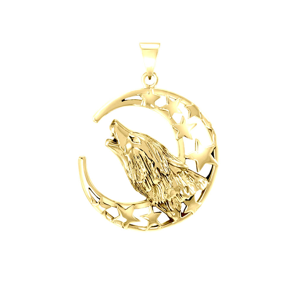 Baying wolf around the celestial beauty ~ 14K Yellow Gold Pendant GTP831
