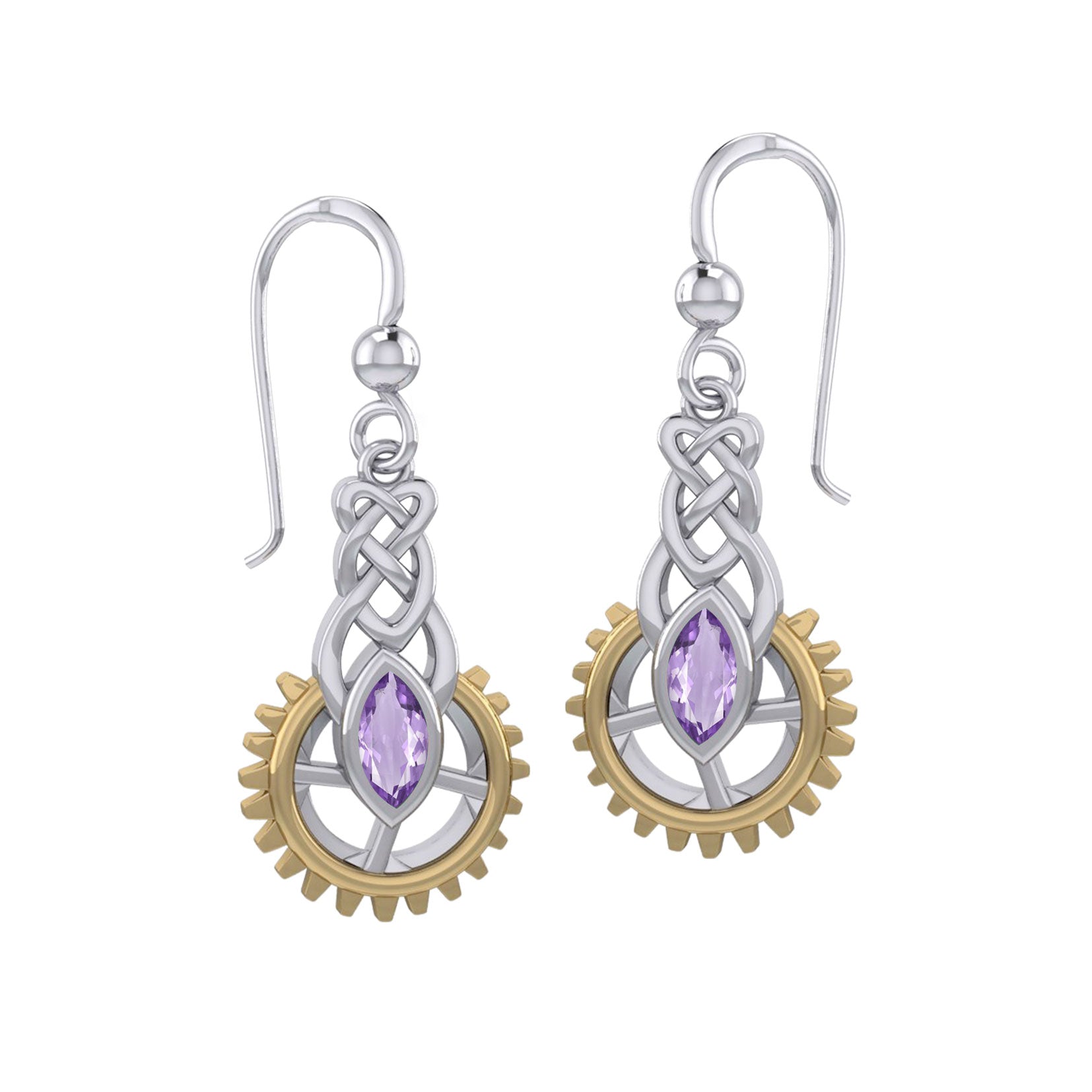 Steampunk Celtic Silver and Gold Accent Earrings with Marquise Gemstone MER2118