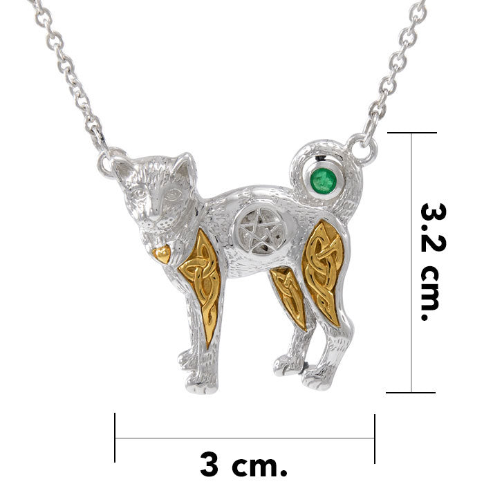 Sacred Celtic Cat Pentacle Silver and 18 Karat Gold Plate Necklace with Genuine Emerald