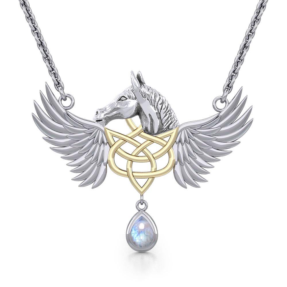 Celtic Pegasus Horse with Wing Silver and Gold Necklace MNC540 - Jewelry
