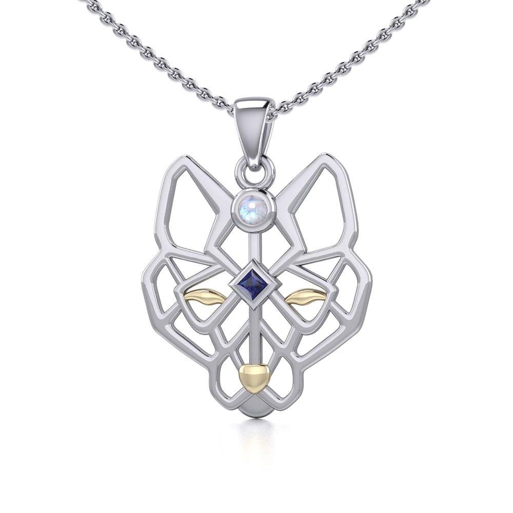 Geometric Wolf Silver and Gold Pendant with Gemstone MPD5276 - Jewelry