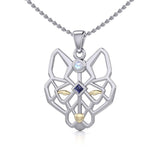 Geometric Wolf Silver and Gold Pendant with Gemstone MPD5276 - Jewelry