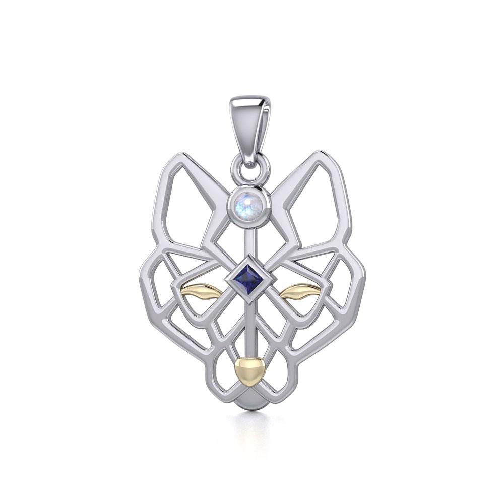 Geometric Wolf Silver and Gold Pendant with Gemstone MPD5276 - Jewelry
