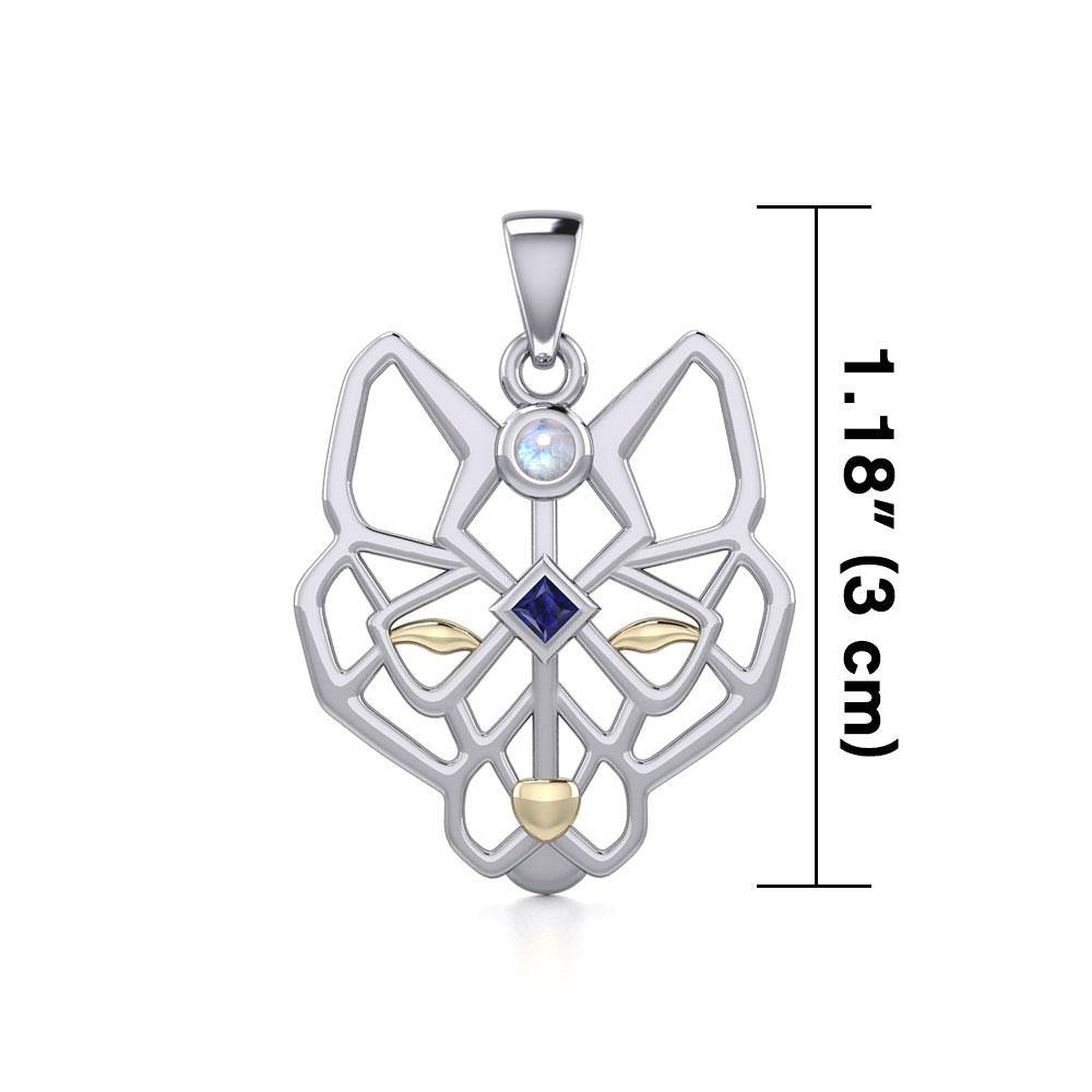 Geometric Wolf Silver and Gold Pendant with Gemstone MPD5276 - Jewelry