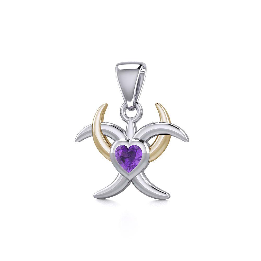 Silver and Gold Heart with Triple Moon Pendant with Gemstone MPD5283 - Jewelry