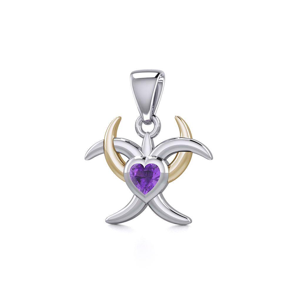 Silver and Gold Heart with Triple Moon Pendant with Gemstone MPD5283 - Jewelry