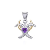 Silver and Gold Heart with Triple Moon Pendant with Gemstone MPD5283 - Jewelry