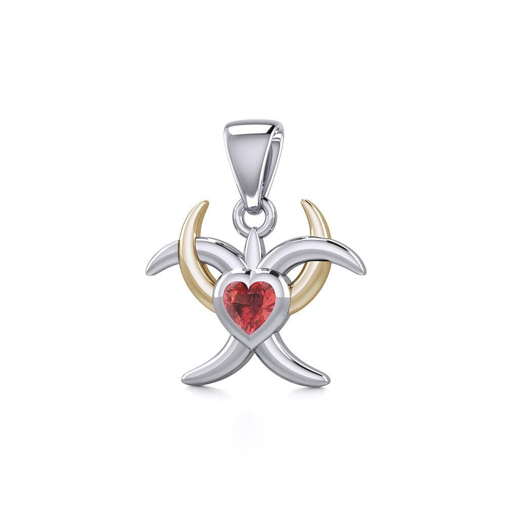 Silver and Gold Heart with Triple Moon Pendant with Gemstone MPD5283 - Jewelry
