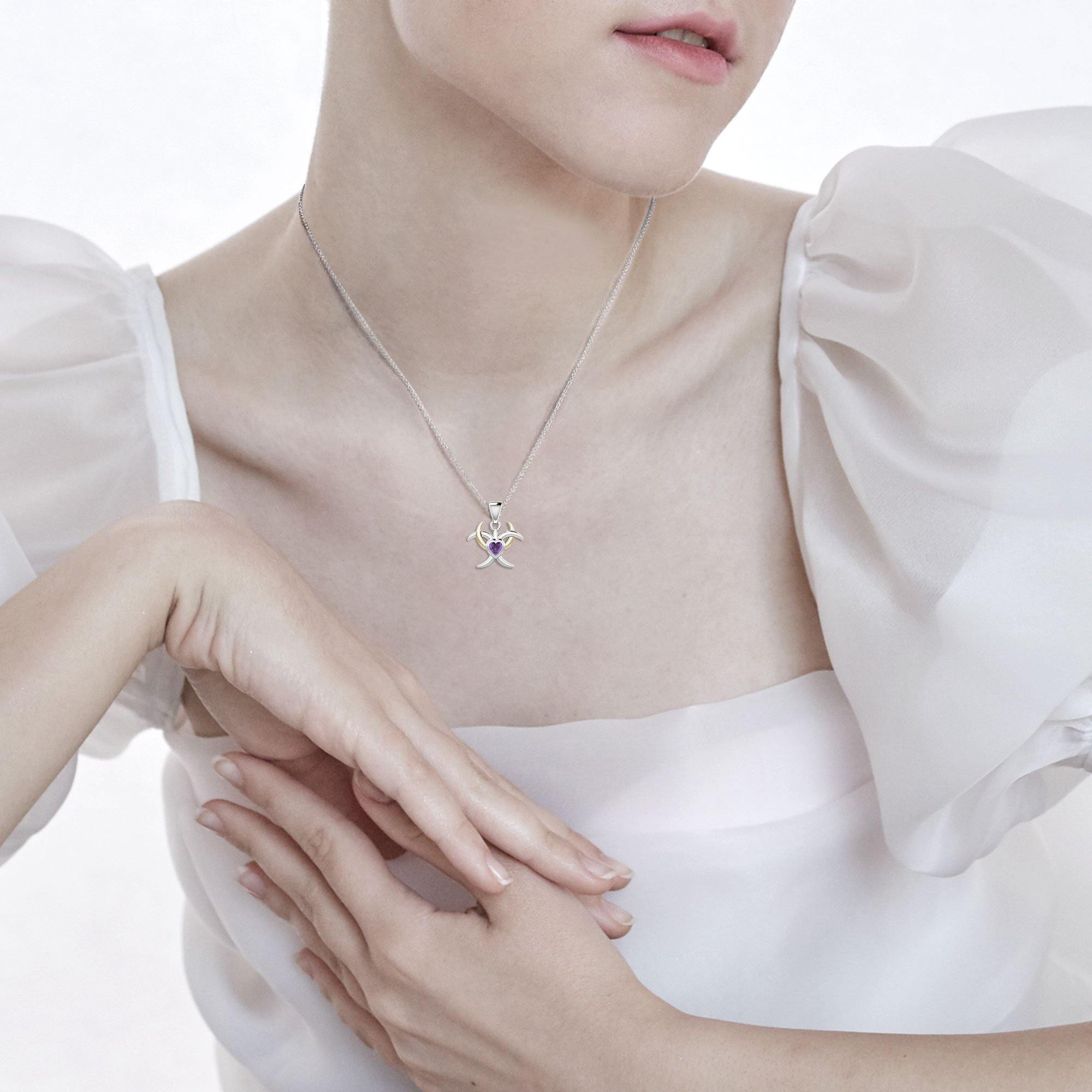Silver and Gold Heart with Triple Moon Pendant with Gemstone MPD5283 - Jewelry