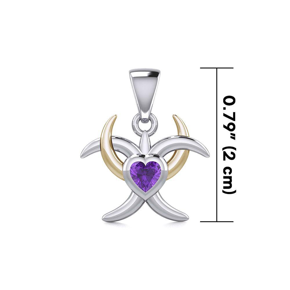 Silver and Gold Heart with Triple Moon Pendant with Gemstone MPD5283 - Jewelry