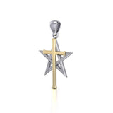 Cross Over The Pentagram Silver and 14K Gold Accent Pendant MPD529