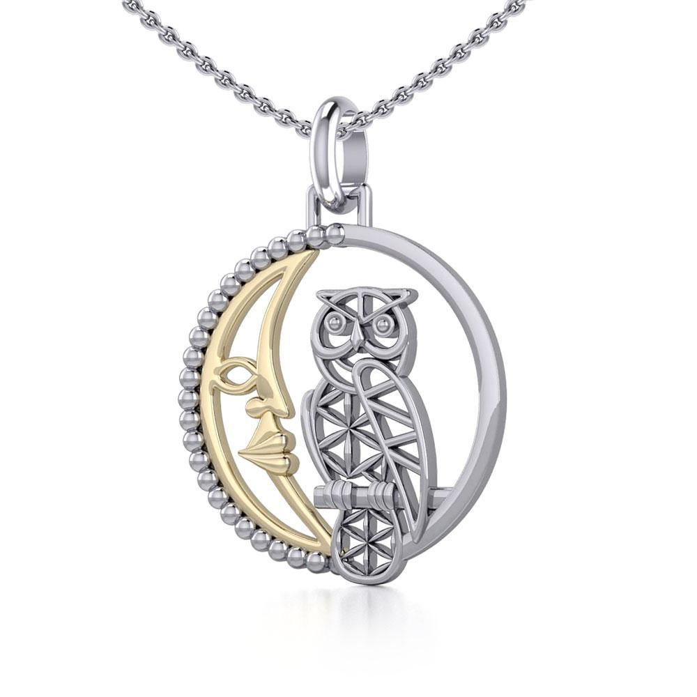 Silver Flower of Life Owl on The Golden Crescent Moon Pendant MPD5301 - Jewelry
