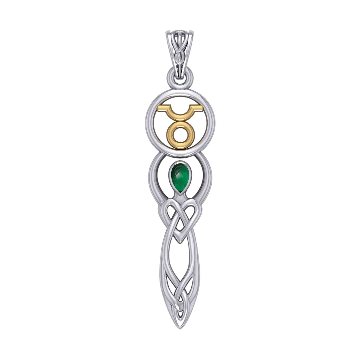 Celtic Goddess Taurus Astrology Zodiac Sign Silver and Gold Accents Pendant with Emerald MPD5936