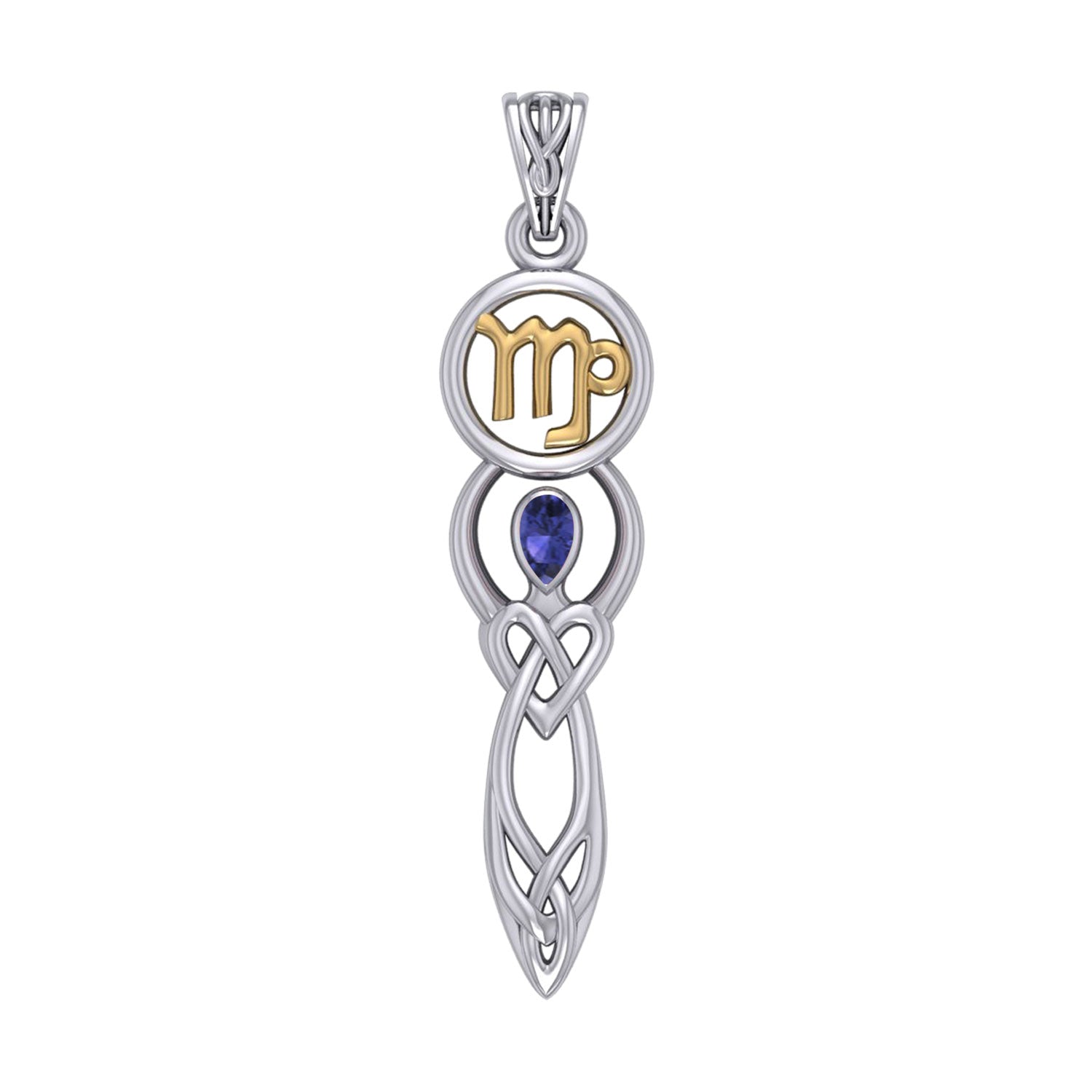 Celtic Goddess Virgo Astrology Zodiac Sign Silver and Gold Accents Pendant with Sapphire MPD5940
