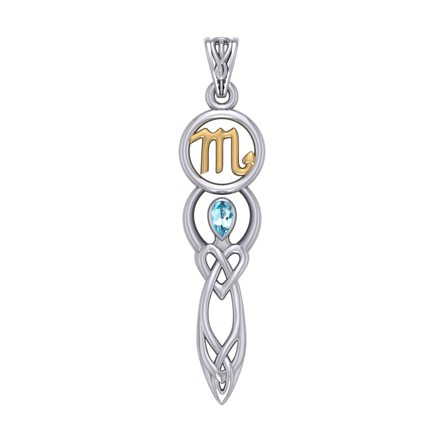 Celtic Goddess Scorpio Astrology Zodiac Sign Silver and Gold Accents Pendant with Blue Topaz MPD5942