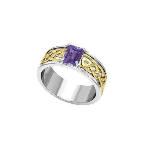 Celtic Knotwork Silver and 14K Gold Accent Wedding Ring with Gemstone MRI2361