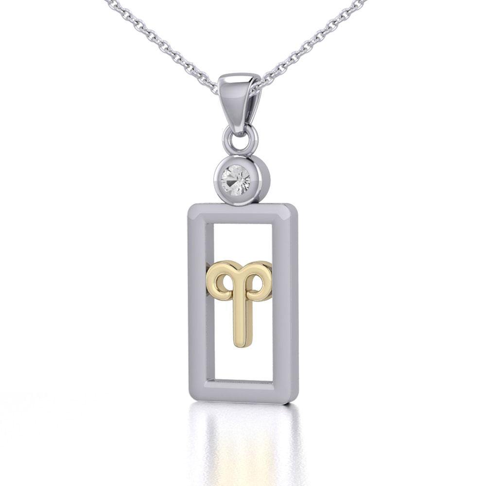 Aries Zodiac Sign Silver and Gold Pendant with White Stone and Chain Jewelry Set MSE784 - Jewelry