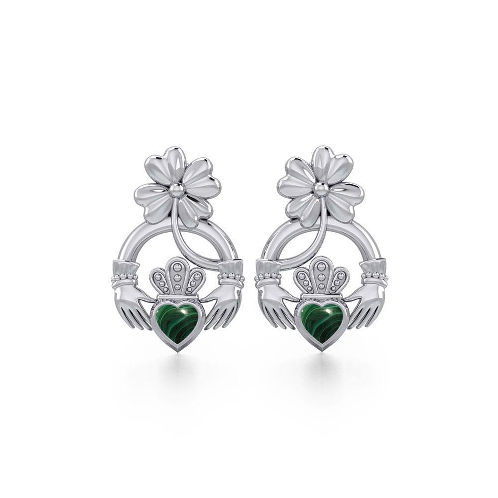 Lucky Four Leaf Clover on Claddagh Silver Post Earrings with stone TER1849 - Jewelry