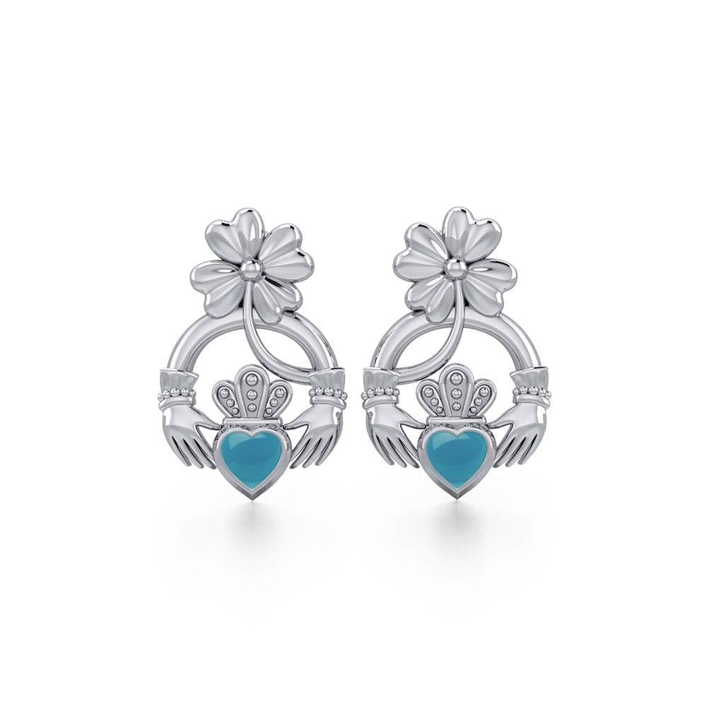 Lucky Four Leaf Clover on Claddagh Silver Post Earrings with stone TER1849 - Jewelry