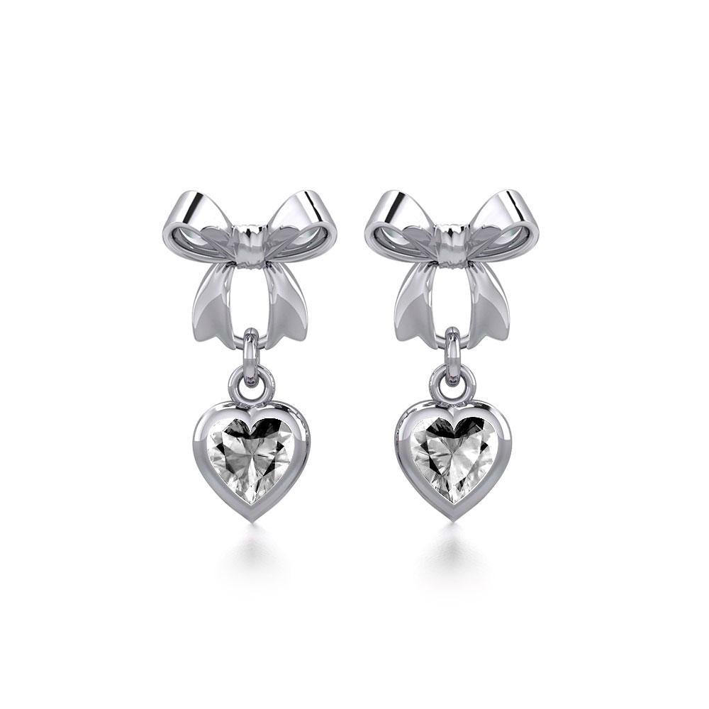 Ribbon with Dangling Gemstone Heart Silver Post Earrings TER1858 - Jewelry