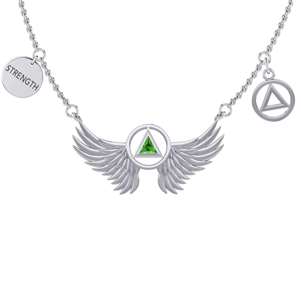 Strength Angel Wings with Gemstone AA Recovery Silver Necklace TNC554