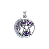 Crescent Moon Face And Pentacle Sterling Silver Pendant TP3143