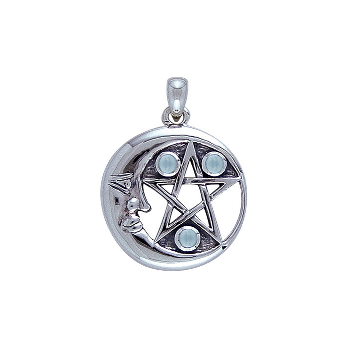 Crescent Moon Face And Pentacle Sterling Silver Pendant TP3143