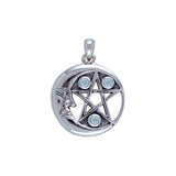 Crescent Moon Face And Pentacle Sterling Silver Pendant TP3143