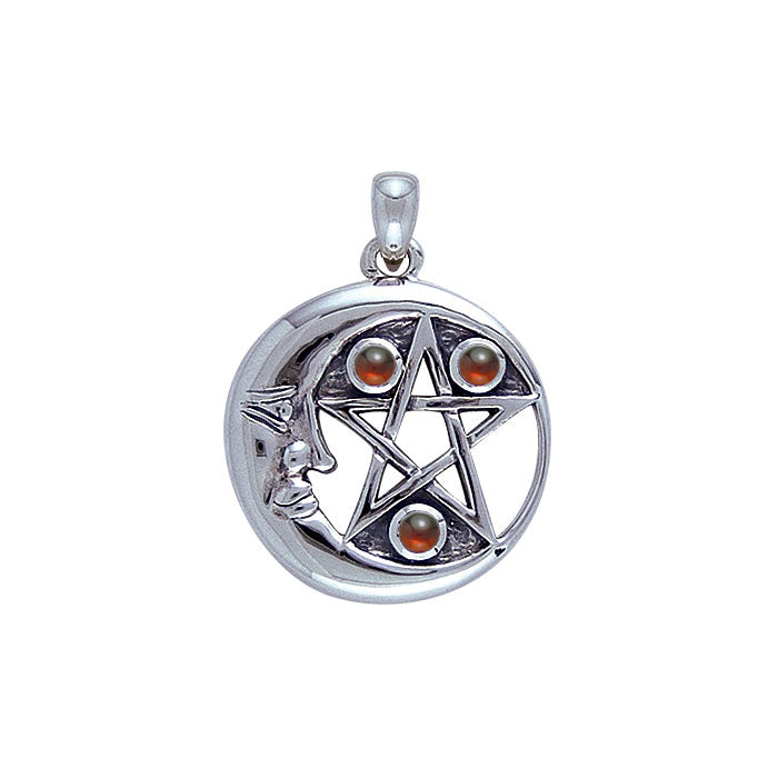 Crescent Moon Face And Pentacle Sterling Silver Pendant TP3143