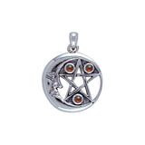 Crescent Moon Face And Pentacle Sterling Silver Pendant TP3143