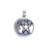 Crescent Moon Face And Pentacle Sterling Silver Pendant TP3143