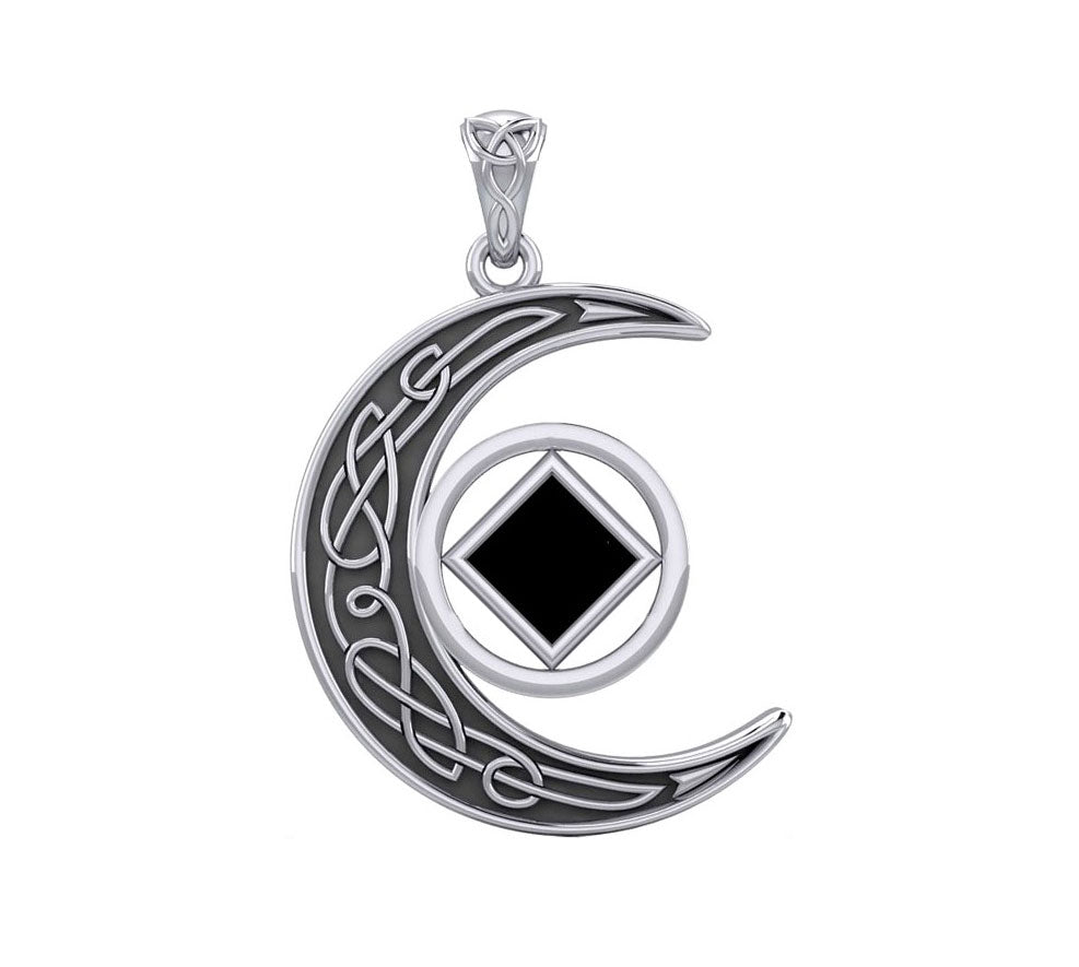 Celtic Crescent Moon With NA Service Symbol Sterling Silver Pendant with Inlay Stone TPD5922