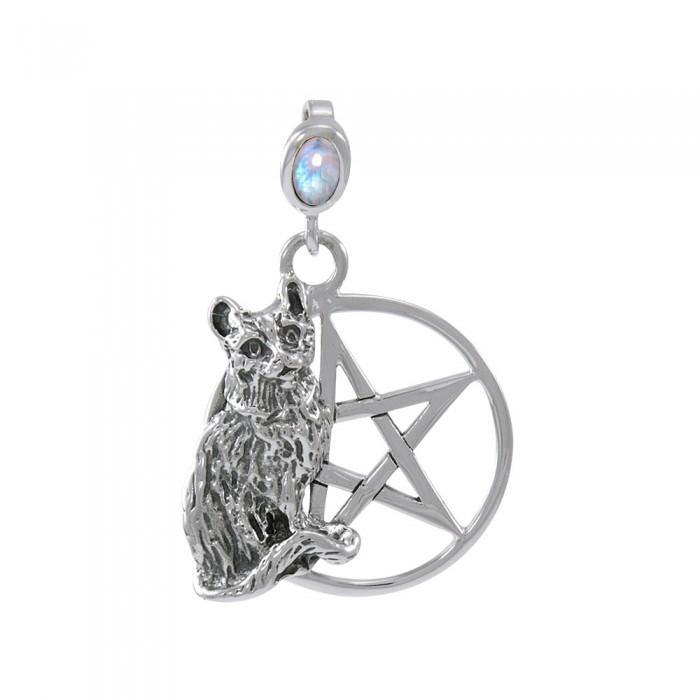 Cat Familiar Protection Pentacle Sterling Silver Pendant - Magicksymbols