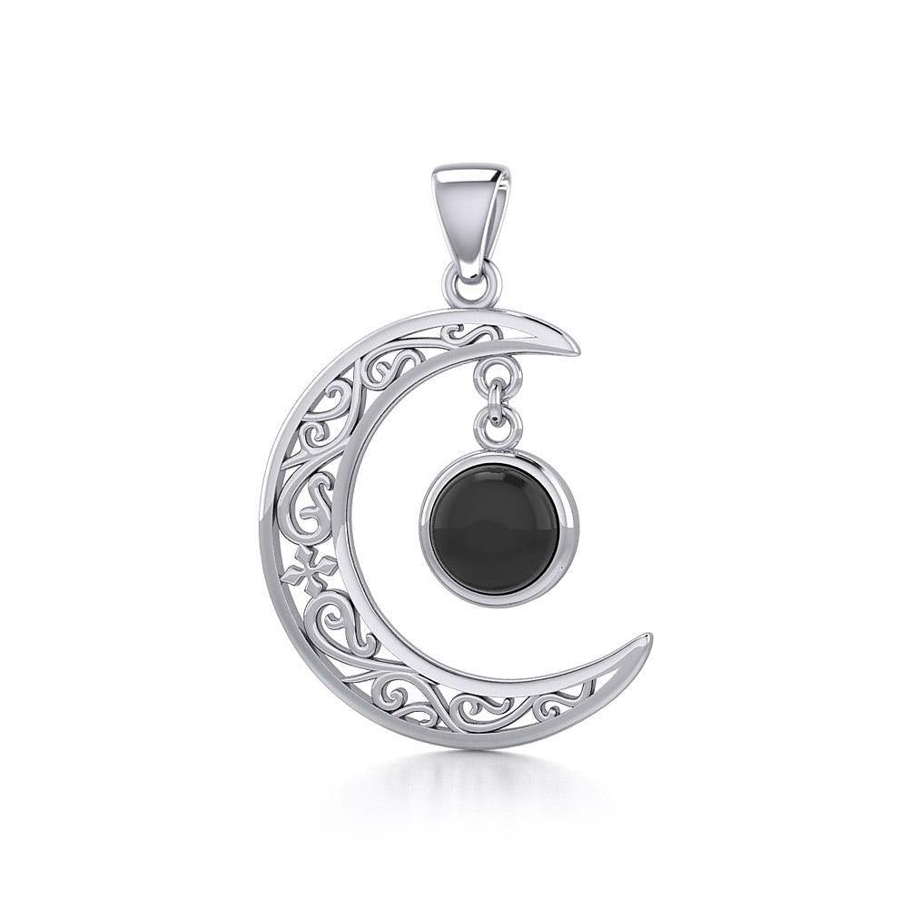 The Filigree Moon Silver Pendant with Dangling Gemstone TPD5263 - Jewelry