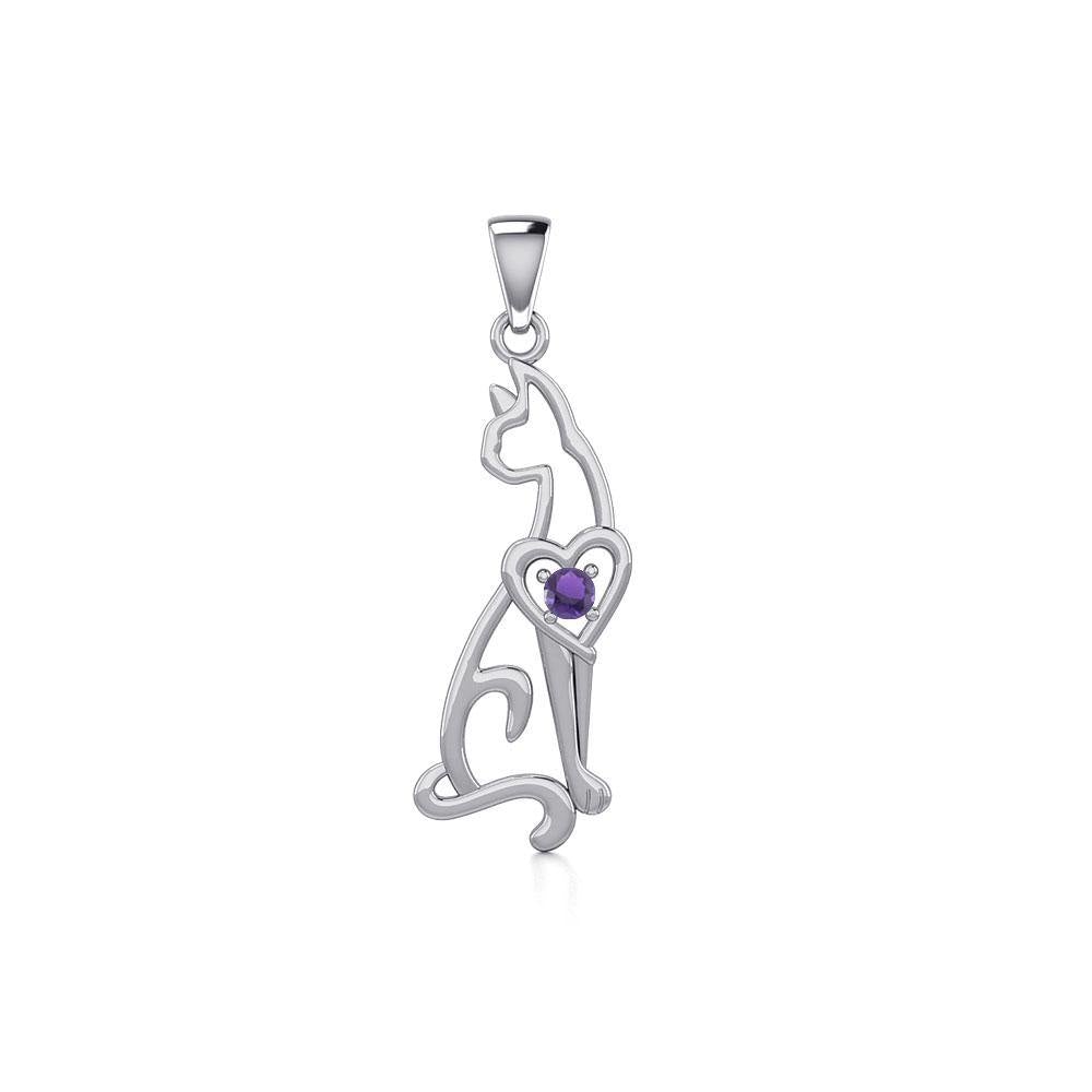 Lovely Heart Cat Silver Pendant with Gem TPD5273 - Jewelry