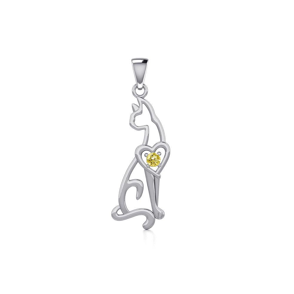 Lovely Heart Cat Silver Pendant with Gem TPD5273 - Jewelry