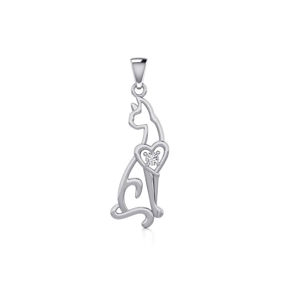 Lovely Heart Cat Silver Pendant with Gem TPD5273 - Jewelry