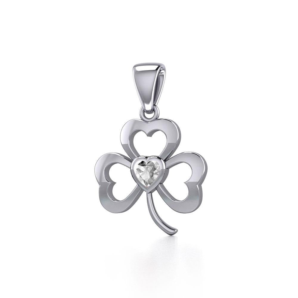 Silver Shamrock Pendant with Heart Gemstone TPD5338 - Jewelry