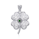 Lucky Celtic Four Leaf Clover Silver Pendant with Gemstone TPD5373