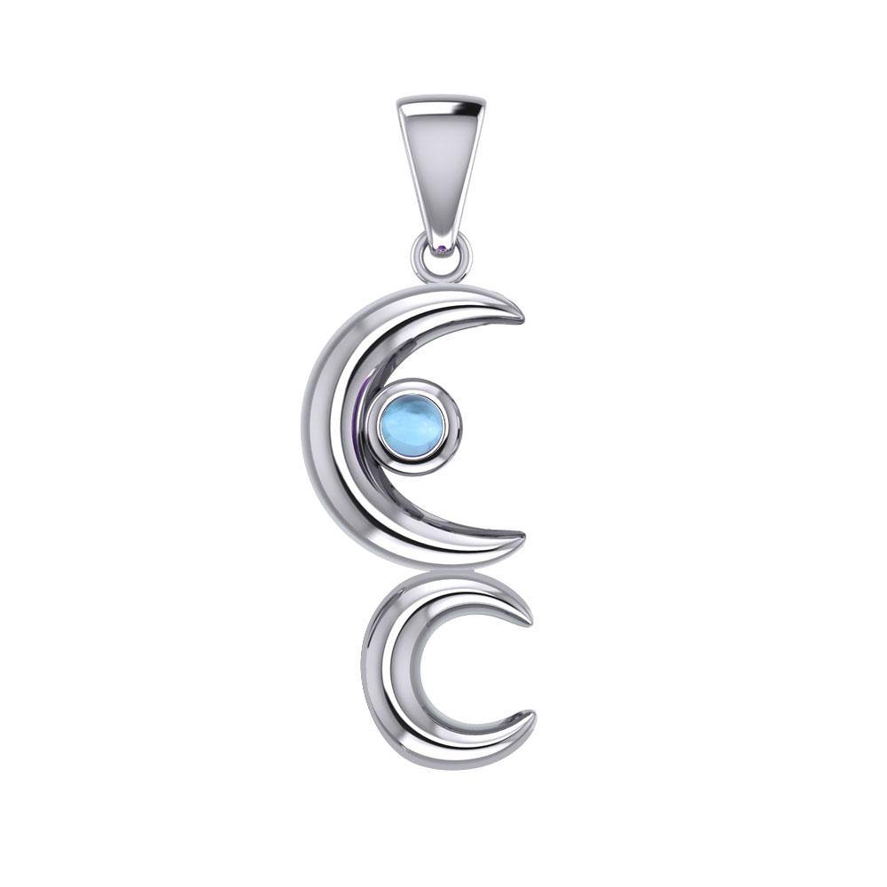 A Glimpse of the Double Crescent Moon Beginning Silver Pendant with Gems TPD5390 - Jewelry