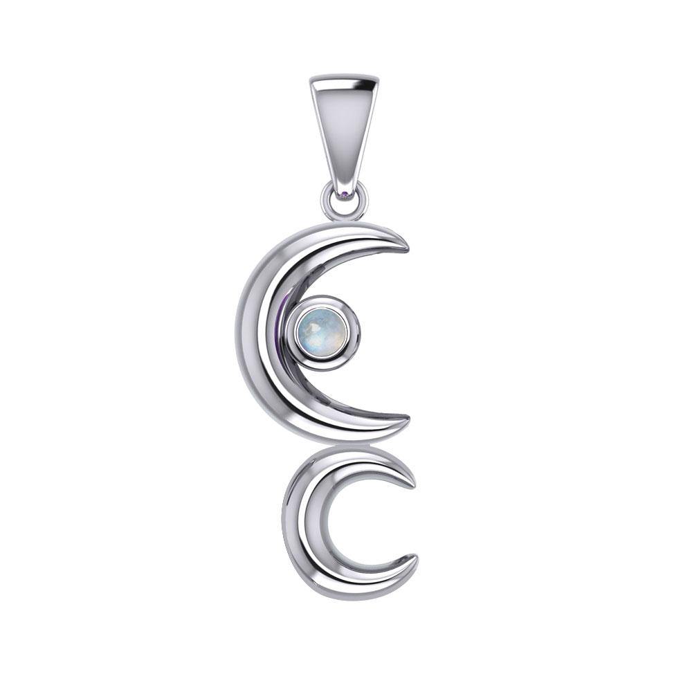 A Glimpse of the Double Crescent Moon Beginning Silver Pendant with Gems TPD5390 - Jewelry