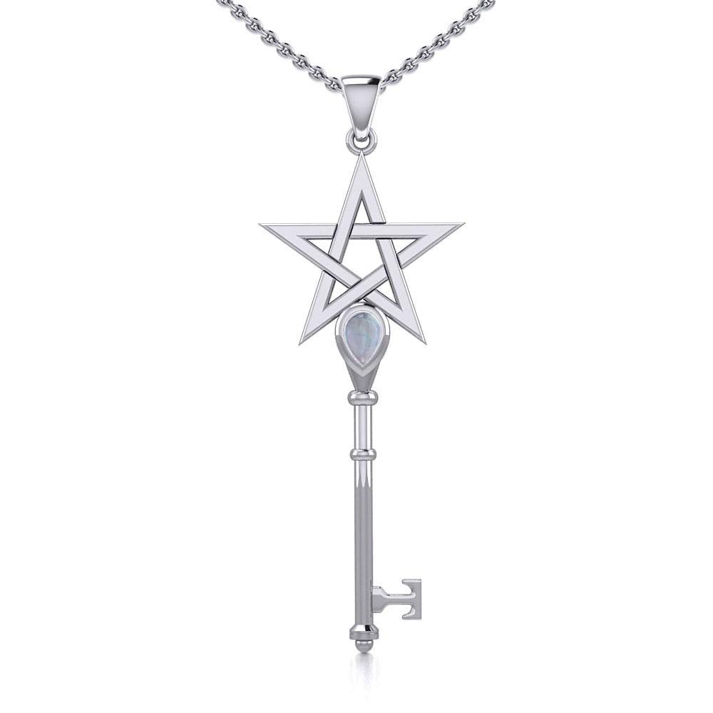 Pentagram Spiritual Enchantment Key Silver Pendant with Gem TPD5713 - Magicksymbols