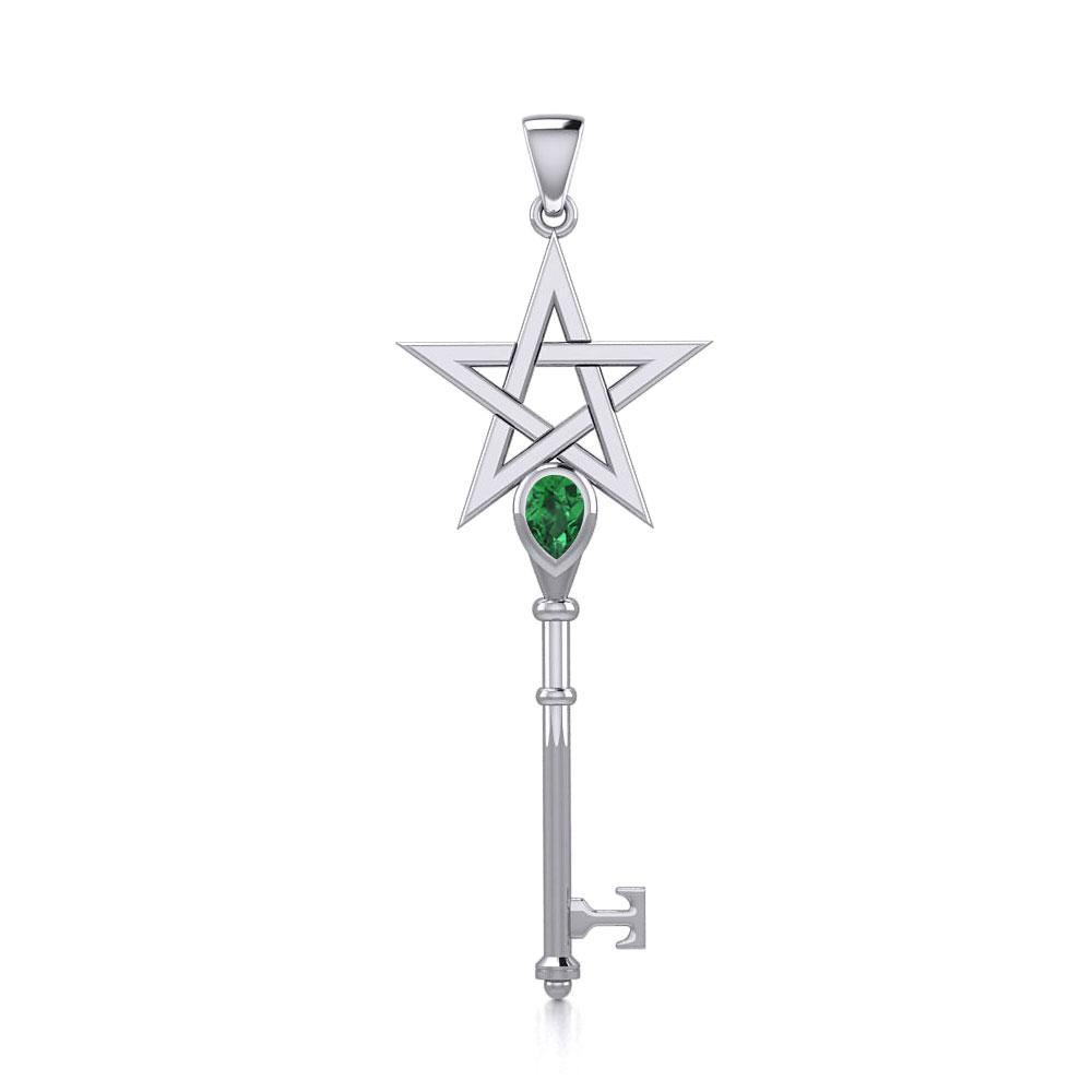 Pentagram Spiritual Enchantment Key Silver Pendant with Gem TPD5713 - Magicksymbols
