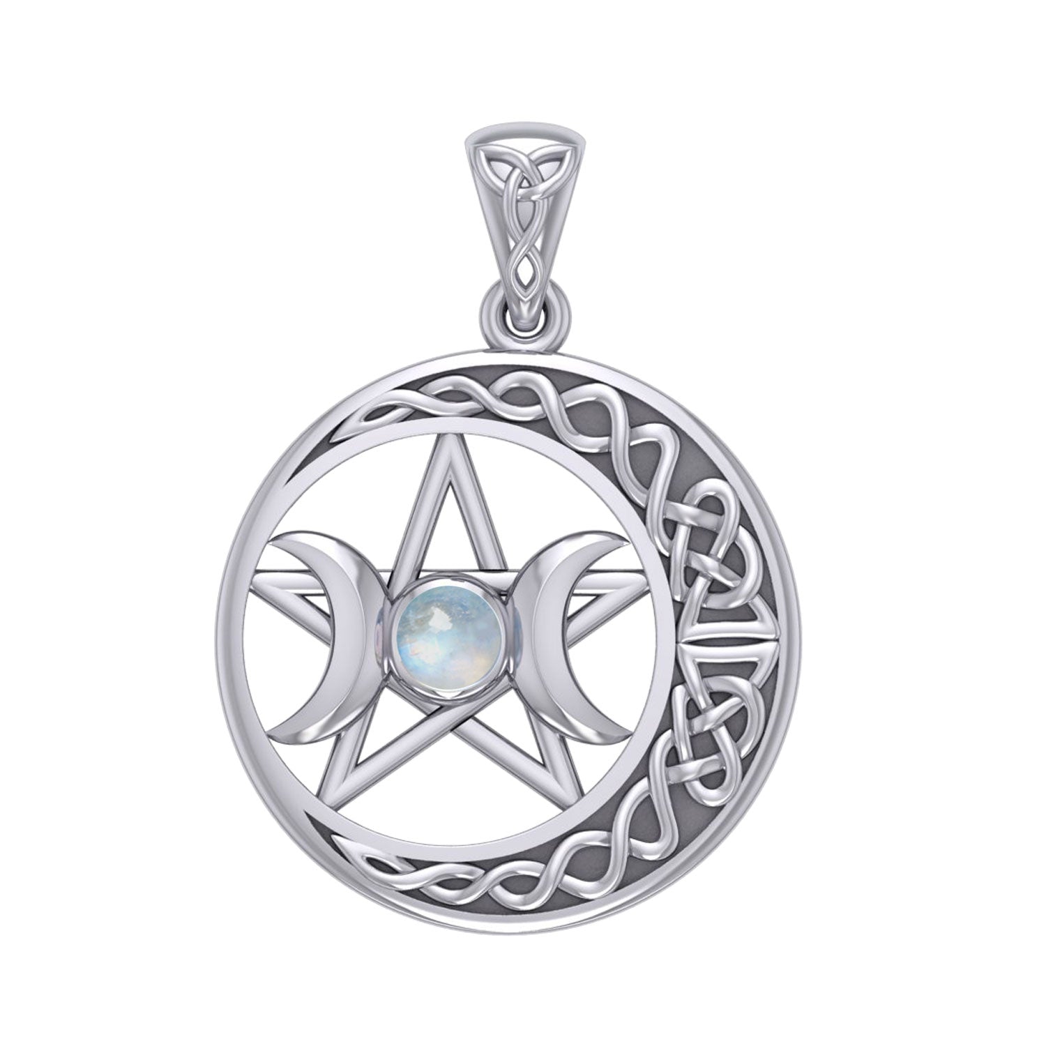 Triple Goddess and Celtic Crescent Moon Silver Pendant with Gemstone TPD5972