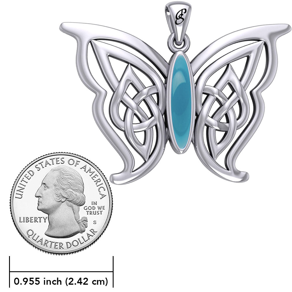 Soar Sterling Silver Joyful Celtic Butterfly  with Inlaid Stone Silver Pendant - TPD6202 by Peter Stone