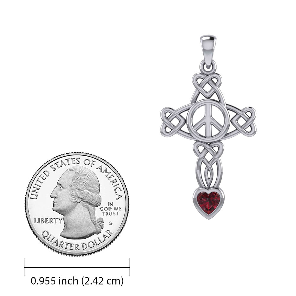Celtic Heart in Cross Shape with Peace Symbol Silver Pendant with Heart Gemstone TPD7007