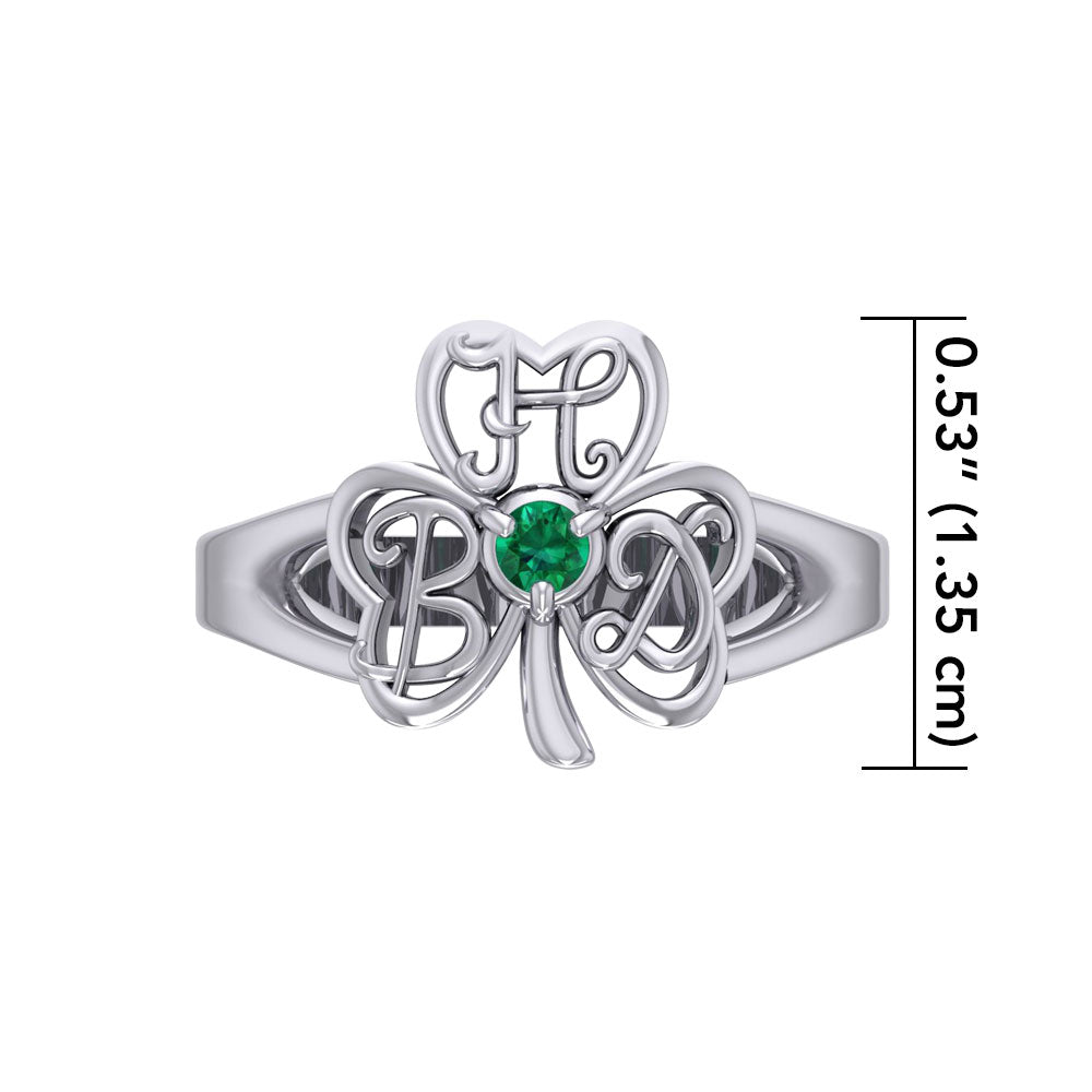 HBD Happy Birthday Monogramming Shamrock Clover Silver Gemstone Ring TRI1751
