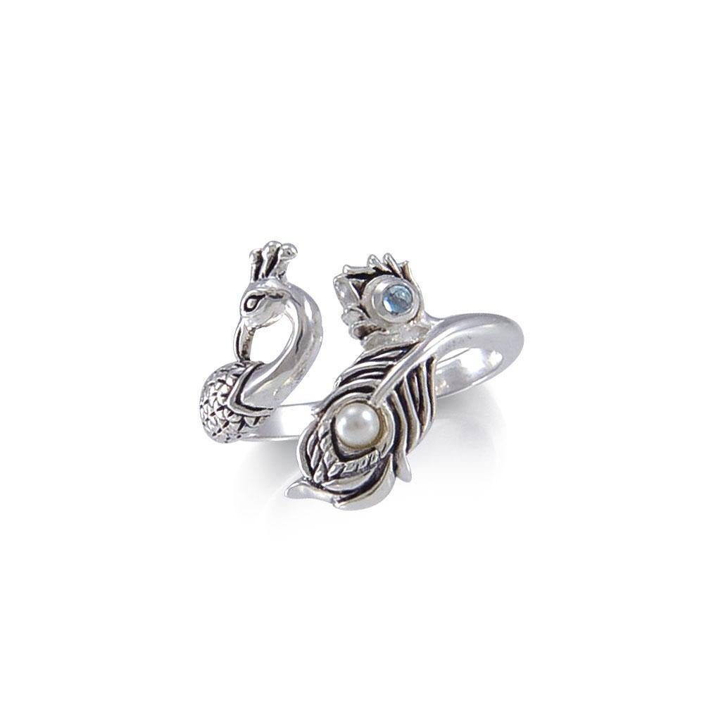 Dancing Peacock Ring in glimmering Silver with Gemstone TRI1814 - Jewelry